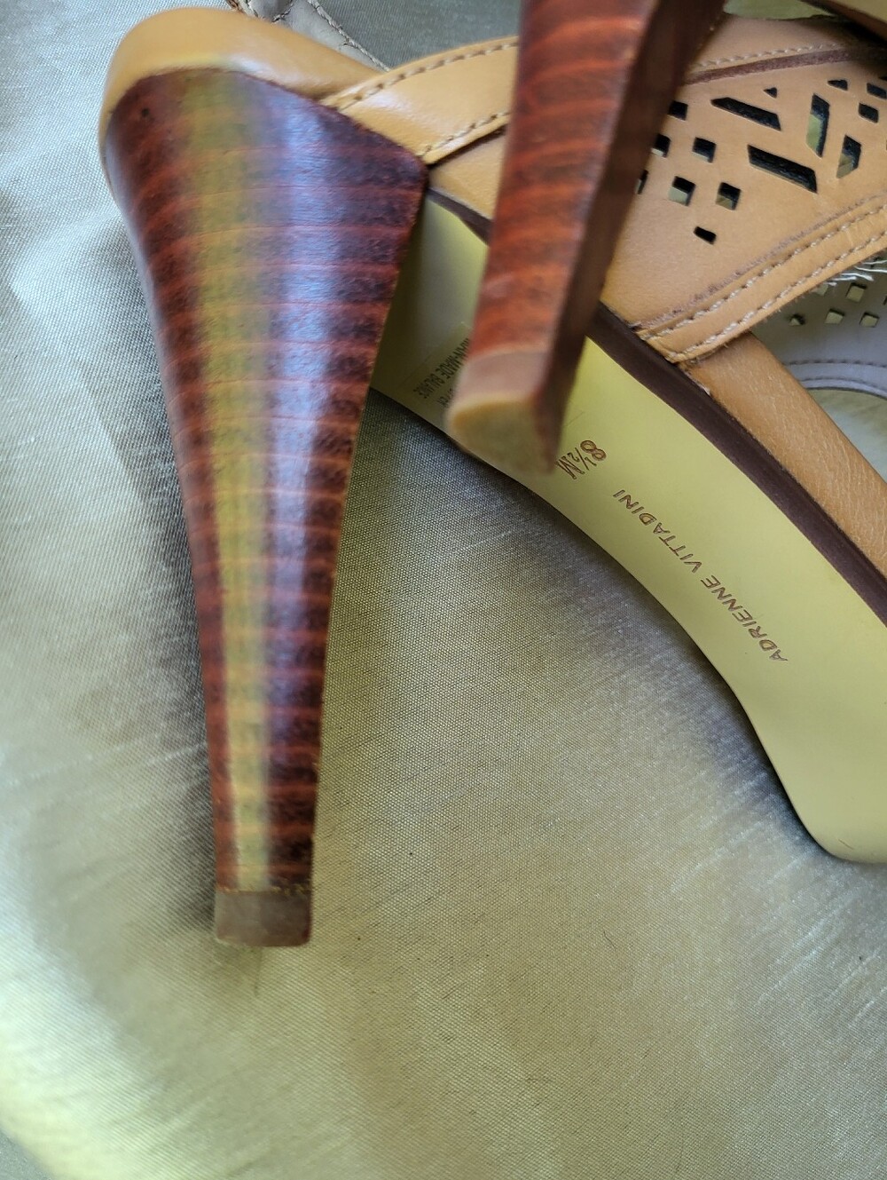 Adrienne Vittadini Tan Leather Cutout Open Toe Slingback Heels 8.5M - Picture 10 of 16